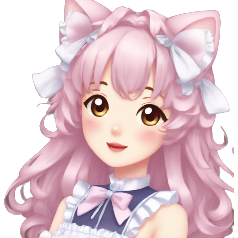 Gorgeous anime style catgirl blushing face maid outfit Lolita idol model colorful shiny sparkle kawaii pastelcore cottagecore pearly petite simplistic aesthetic trending style emoji