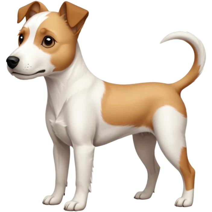 a full body facing front on of a buff white parson russell terrier looking dog the size of a kelpie with light brown long ears resting on its face and a light brown patch above one eye and a large snout. the rest of the dog is completely white.  emoji
