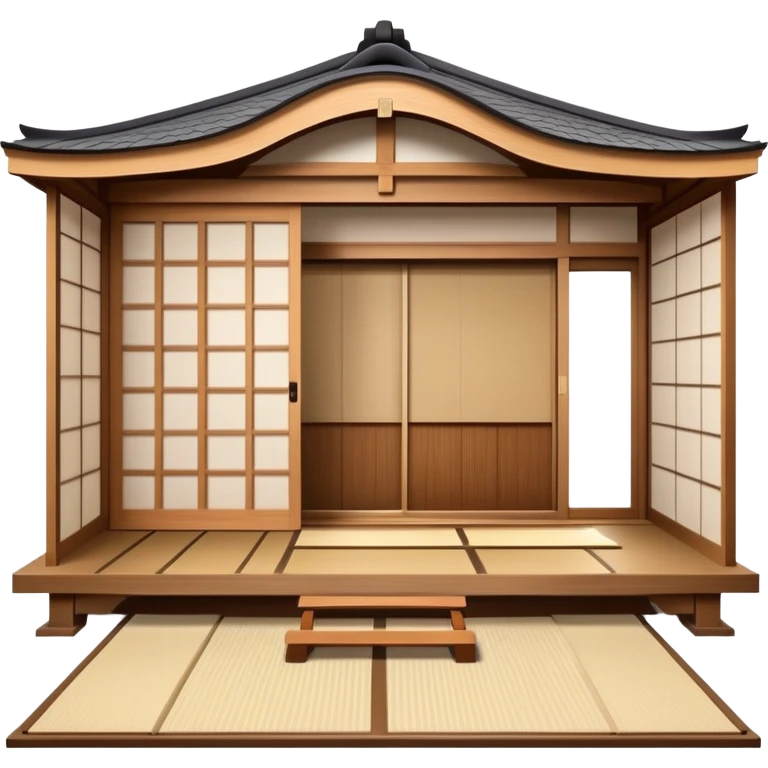 Traditional Japanese house with wooden structure, sliding shoji doors, tatami mats emoji