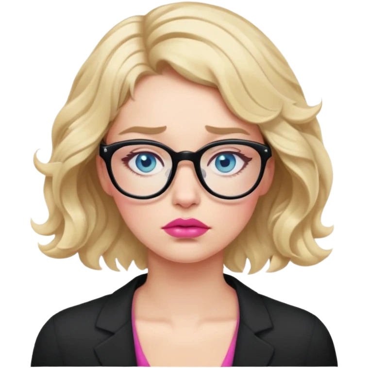Blonde woman with short wavy hair, blue eyes and pink lips wearing black glasses falling asleep looking really tired emoji