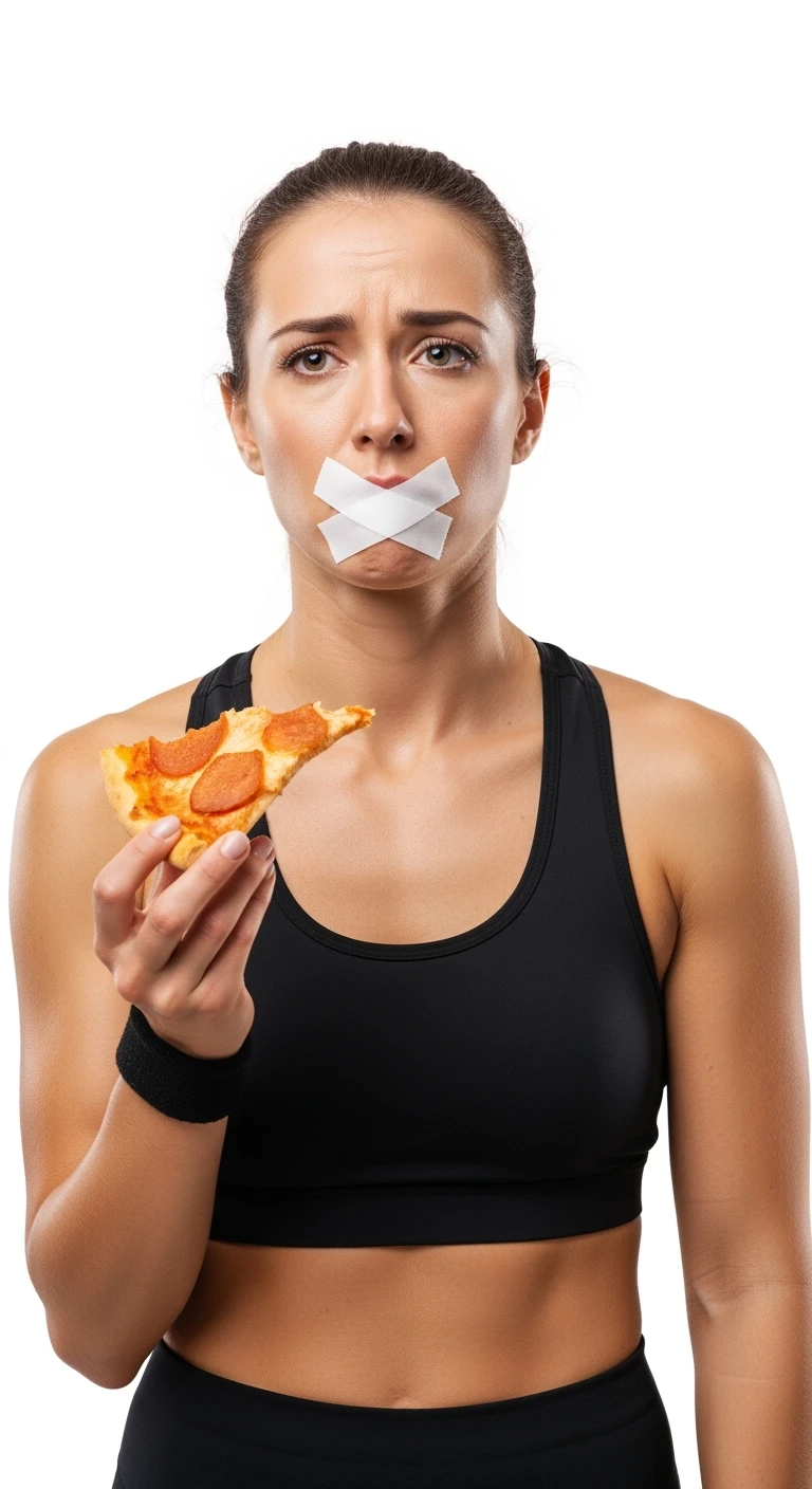 donna fitness con una fetta di pizza in mano ed espressione molto triste e stanca, scotch a croce sulla bocca, sfondo bianco emoji