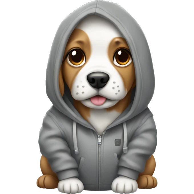 Dog wearing a grey hoodie with a backpack on emoji