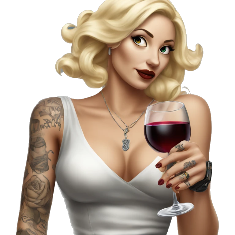 Blonde elegant women, her body covered with tattoos, wine in her one hand, pointing on you with her other hand , Hyper realistic emoji