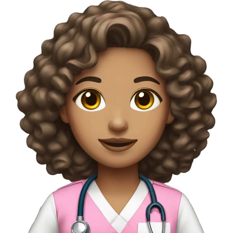 Light skin nurse with brown longer curly hair in pink scrubs emoji