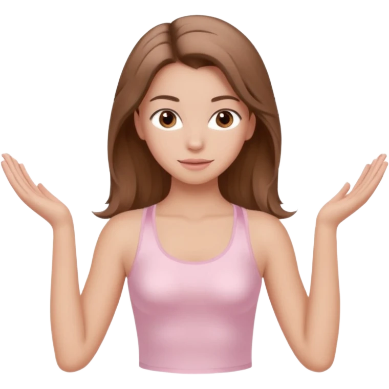 brown hair girl wearing light pink pilates clothes, silk beautiful medium hair and brown eyes emoji