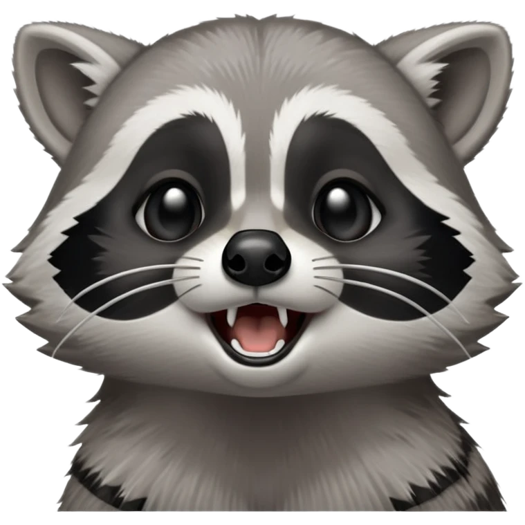 Cinematic-cute realistic- Yawning Raccoon-Portrait-Emoji – Poised and confident, wide-open yawn, revealing a soft grey with a sturdy build and a beautifully textured fur of silver-grey accented by dark black facial markings, deep-set, big black eyes, simplified yet sharp and sophisticated zoom out to show shoulders emoji