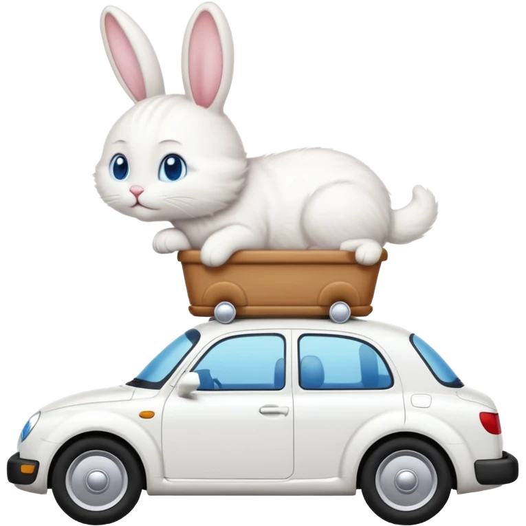 Please create a small emoji the size of 🚗 featuring a pure white cat with bunny tail with blue eyes on a white saloon car viewed from side. Again it is necessary that the emoji must be extremely small, much smaller than a standard sized sticker. emoji