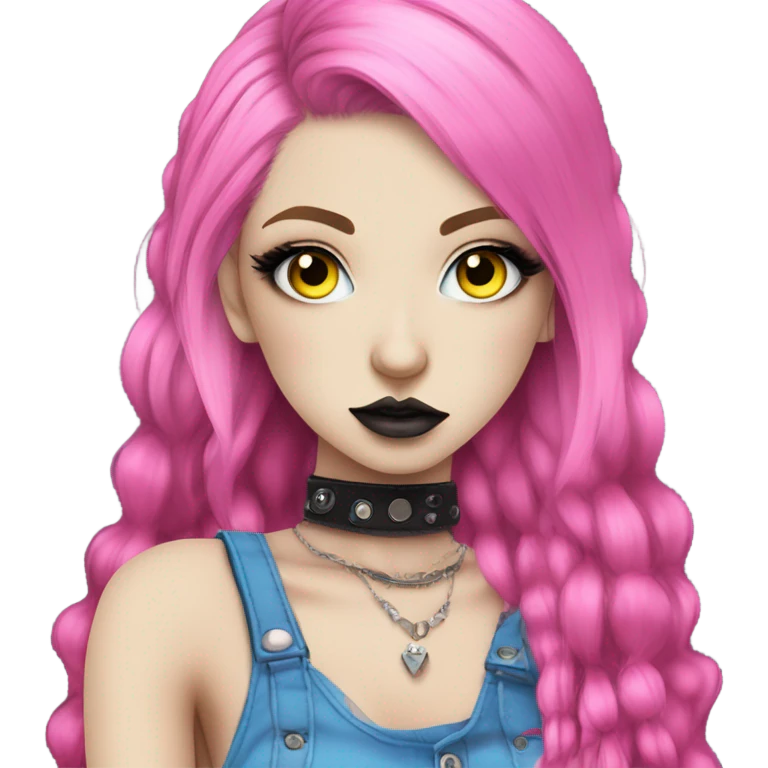 Blue eyed pale hime gyaru girl, hot pink and yellow split-dyed hair, dark makeup, punk clothes emoji
