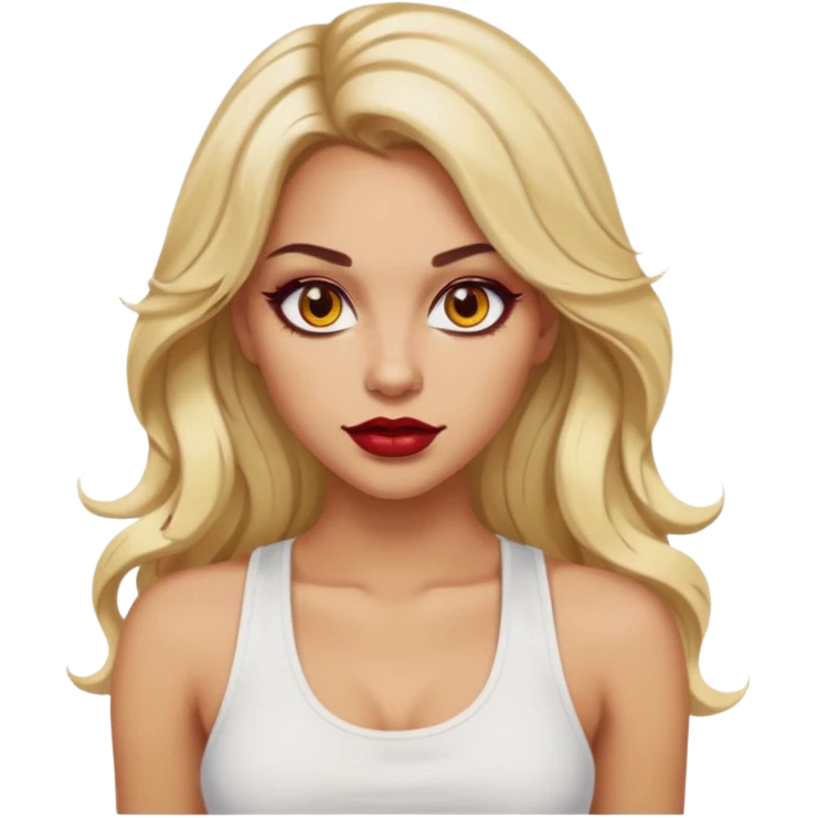 a woman with white tank top her hair is long wavy blonde hair, her face is baddie girl style, her eyes color are yellow and the color of her lip is red maroon emoji