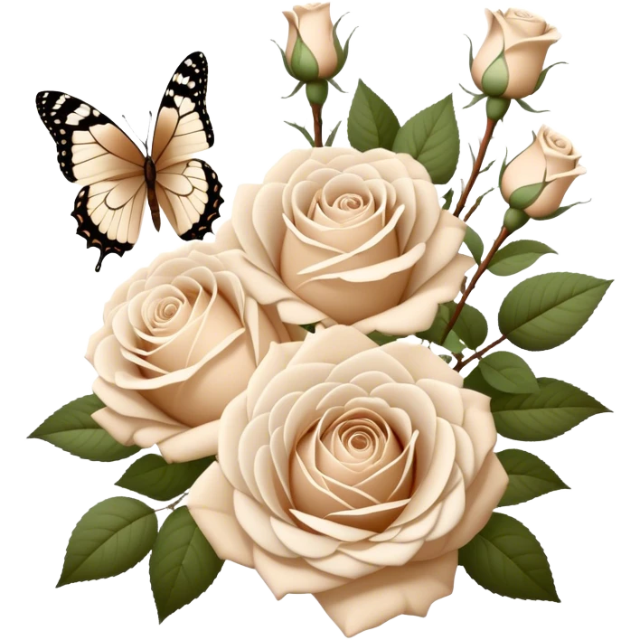 A bouquet of white Ascott tea roses next to a beige aesthetic and a brown beautiful butterfly emoji