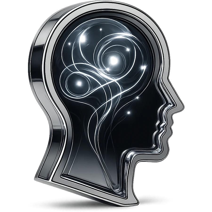 reflective chrome silhouette of a head with swirling energy and orbs inside, representing thought emoji