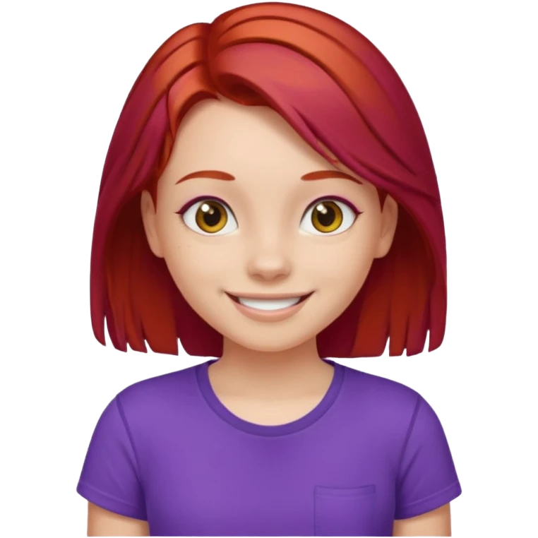 Young girl with red hair, wearing a purple T-shirt, with a smiling face emoji