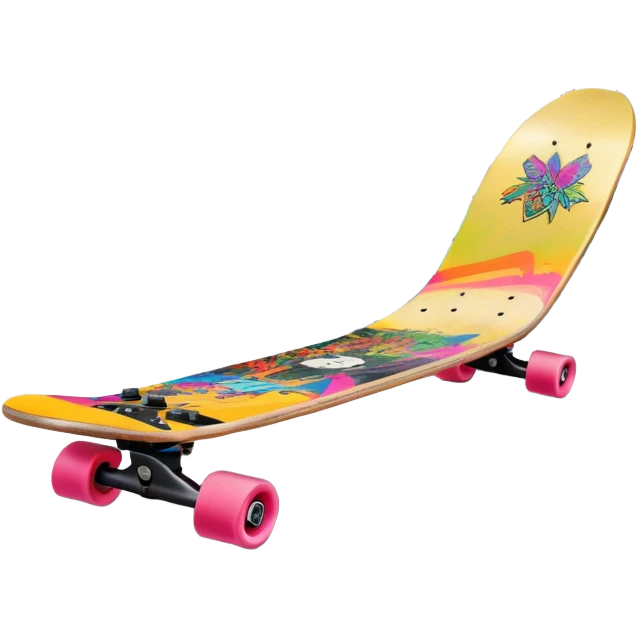 An icon featuring a skateboard resting on a smooth concrete surface. The background shows a sunny skate park with ramps, graffiti walls, and palm trees, creating an urban vibe. The skateboard is designed with vibrant colors and unique graphics. Transparent background  emoji