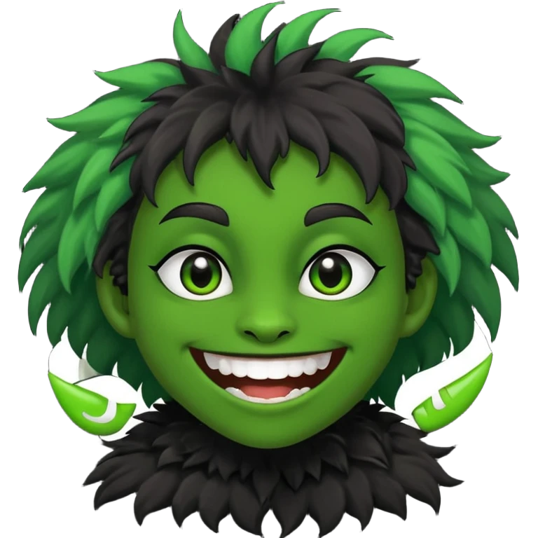 A bald person with green sclera and green teeth, grinning widely. Has fluffy black neck fur, with a fluffy black body emoji