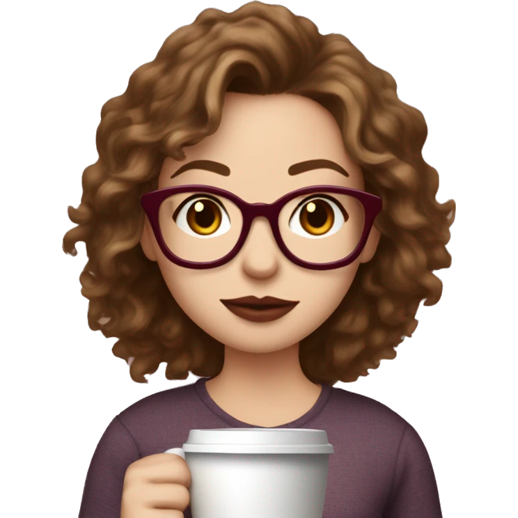 white girl with dark blonde messy hair, freckles on cheeks and nose, wearing burgundy glasses, holding coffee, wearing shirt that says "mom life" emoji