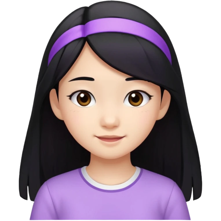 Asian teen girl with long straight black hair, wearing a lilac bando and a white shirt, happy expression emoji