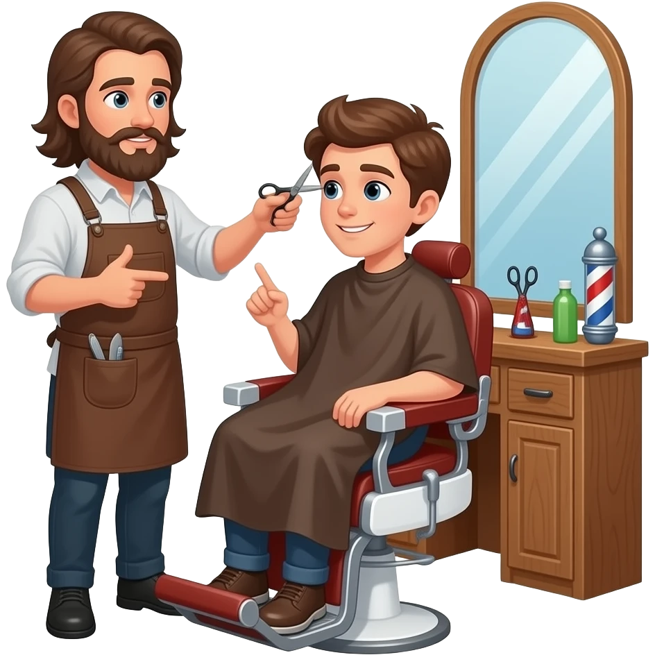 A barber with long hair and a beard is cutting the hair of a brown-haired teenager while they talk. emoji