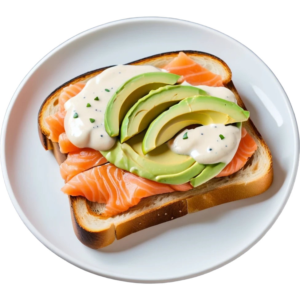 salmon open toast with white sauce and avocado emoji