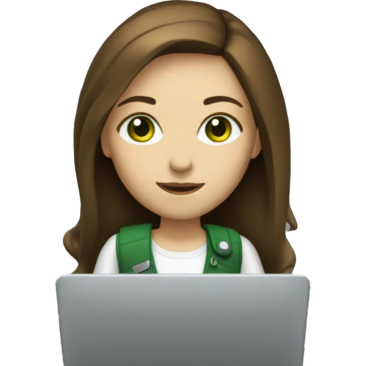 Female coder featuring a laptop. She has long brunette hair, green eyes, white skin. emoji
