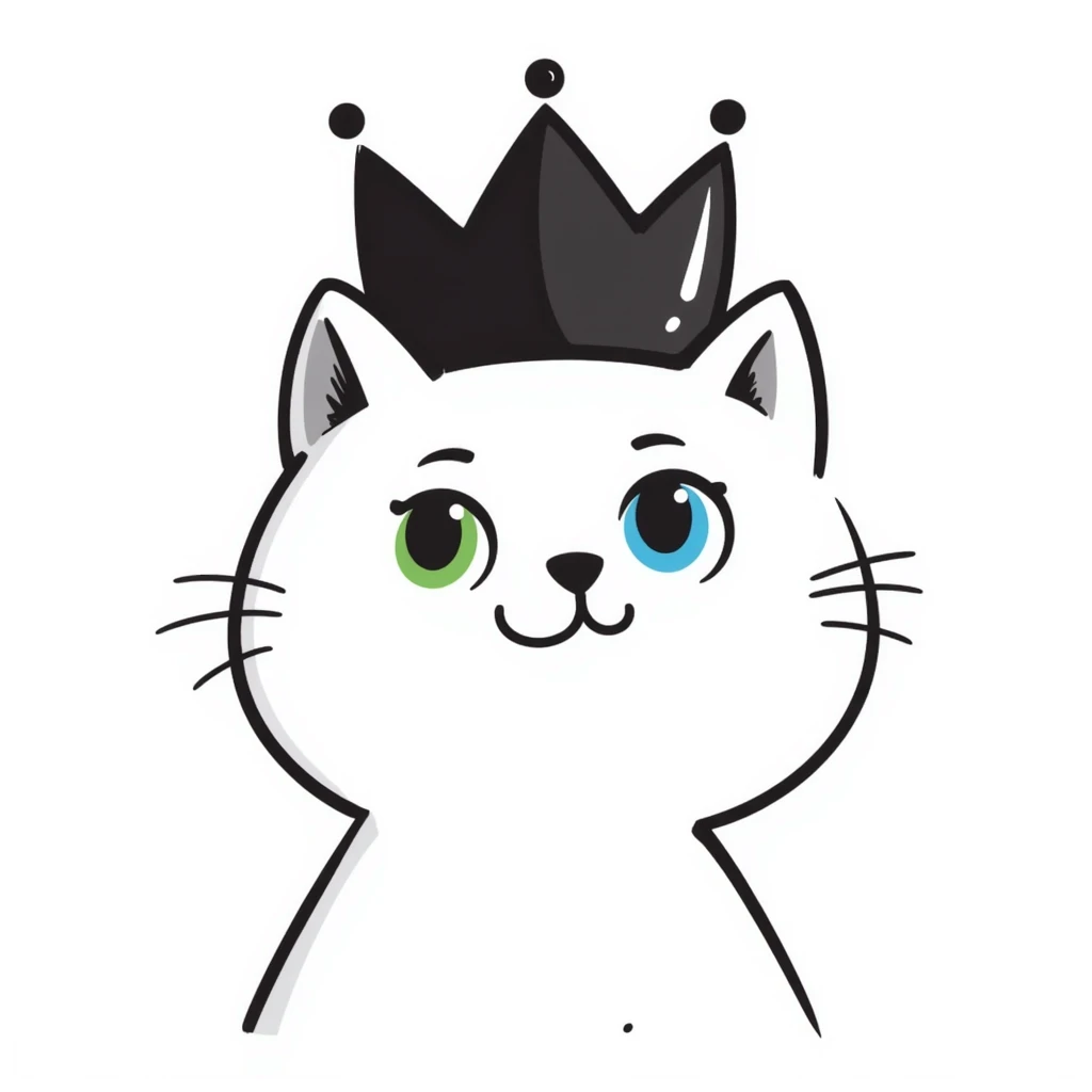 white cat with one green eye and one blue eye, wearing a princess crown, hand drawn doodle style emoji