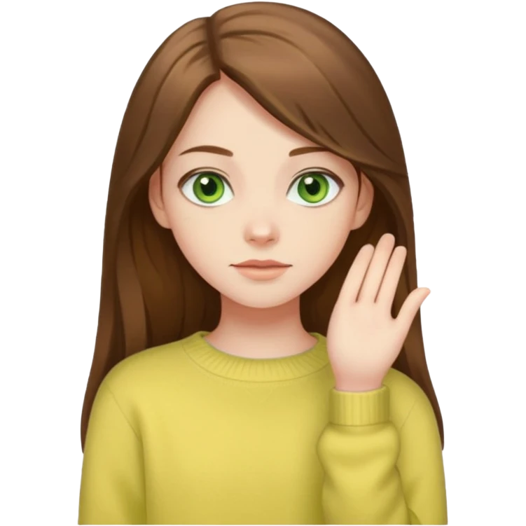 please create an emoji of a semi pale girl with long brown hair, green eyes, wearing a pastel yellow sweater emoji