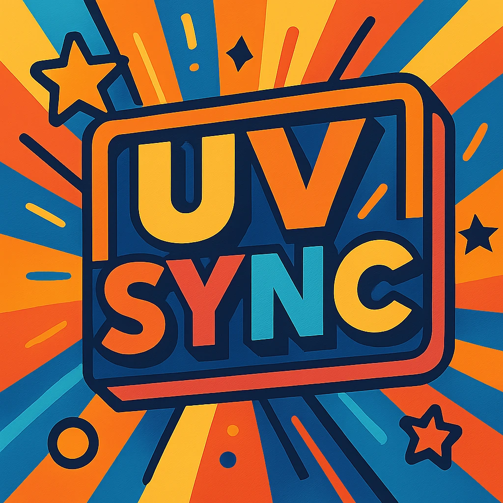 vibrant toon style sign with 'uv sync', colorful and energetic emoji