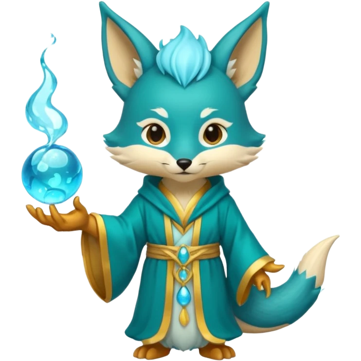 Chibi teal fox with gold mark on forehead, teal-gold robe, holding glowing blue water orbs, with a dragon tail on its backside with small antler horns on its head emoji