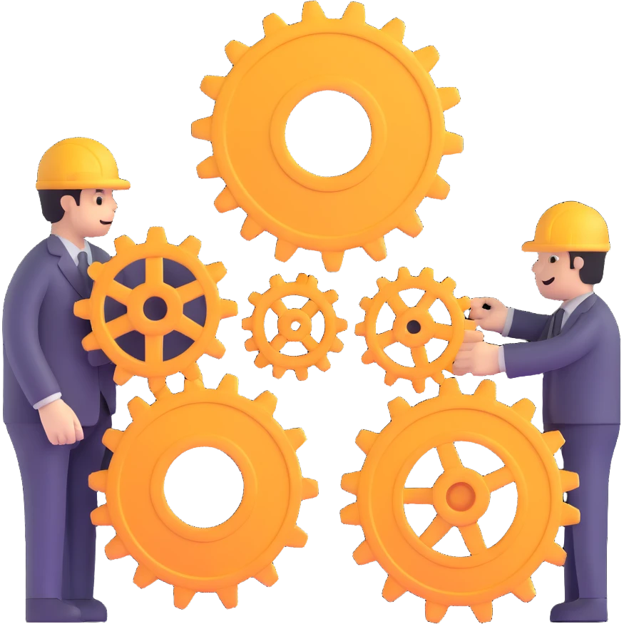 three figures connecting gears teamwork and information emoji