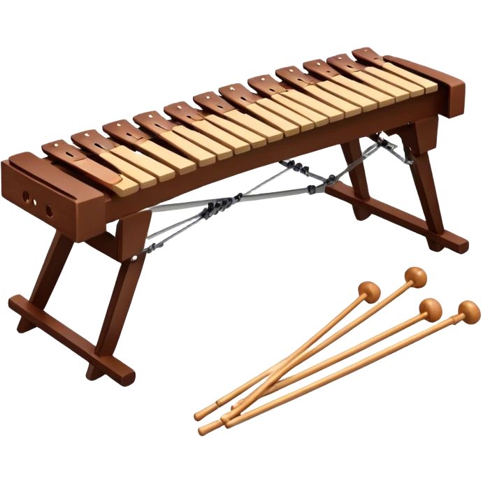 Create a detailed and professional emoji representing a Fleet FLT-SX37 orchestral long wooden xylophone. The design should showcase the large, wooden bars of the xylophone arranged in a traditional layout, with a polished, smooth finish. The bars should be dark brown or mahogany, with soft metallic reflections on the resonators underneath. Include two mallets with rubber or wooden heads resting on the bars, emphasizing their role in striking the notes. The xylophone should have a sophisticated and professional appearance, with clean lines and a polished look. Add subtle musical notes or sound waves to represent the vibrant sound produced by the instrument. The background should be transparent. emoji