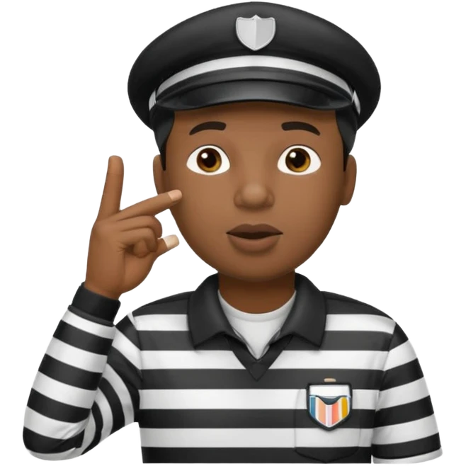 A black calm referee with striped shirt, wearing a cap while blowing a whistle, pointing clearly toward the field. emoji