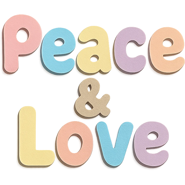 Kawaii cute font "Peace & Love" in soft pastel rainbow rounded bold letters, no border, transparent background emoji