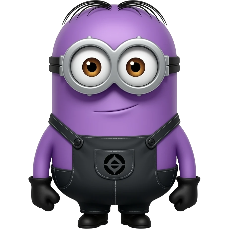 evil minion  (purple) , with overalls (color black) and with the hair disheveled and wild, and purple in color but a little lighter But it's quite disheveled; all his hair sticks up in a puffy, troll-like style.- from the movie desplicable me 2 emoji