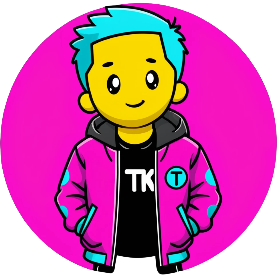 Minimalist sticker with white 'tt' letters on a black circle with cyan, magenta, and yellow dots below, jacket with street style influence emoji