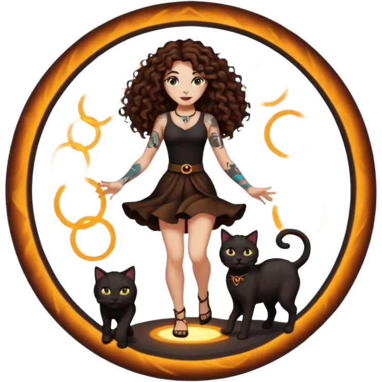 woman with long curly brown hair, brown eyes, white skin, tattoos, black cat stepping out of a glowing portal circle emoji