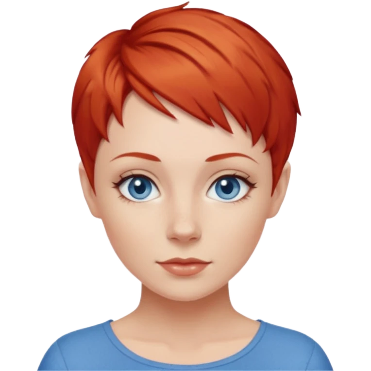 27 year old white woman, red hair, pixie cut, blue eyes emoji