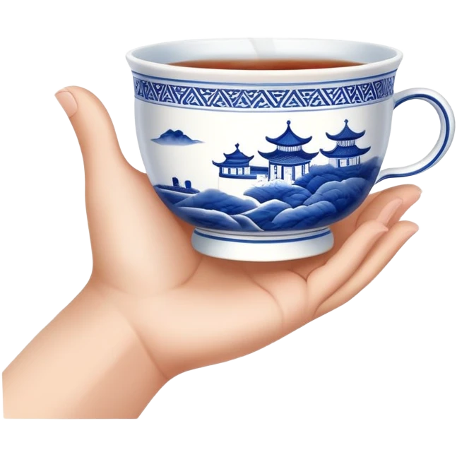 hand holding a traditional Chinese blue and white porcelain tea cup without handle emoji