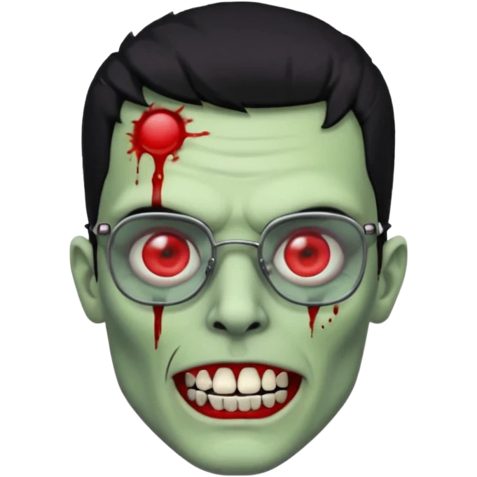 homem zumbi de óculos cabelo preto com muita olheira deixar pele dele verde dentes brancos e olhos vermelhos e ensanguentados deixar óculos quadrado e preto e olhos cheio de veias vermelhas e encher o rosto de piercings emoji