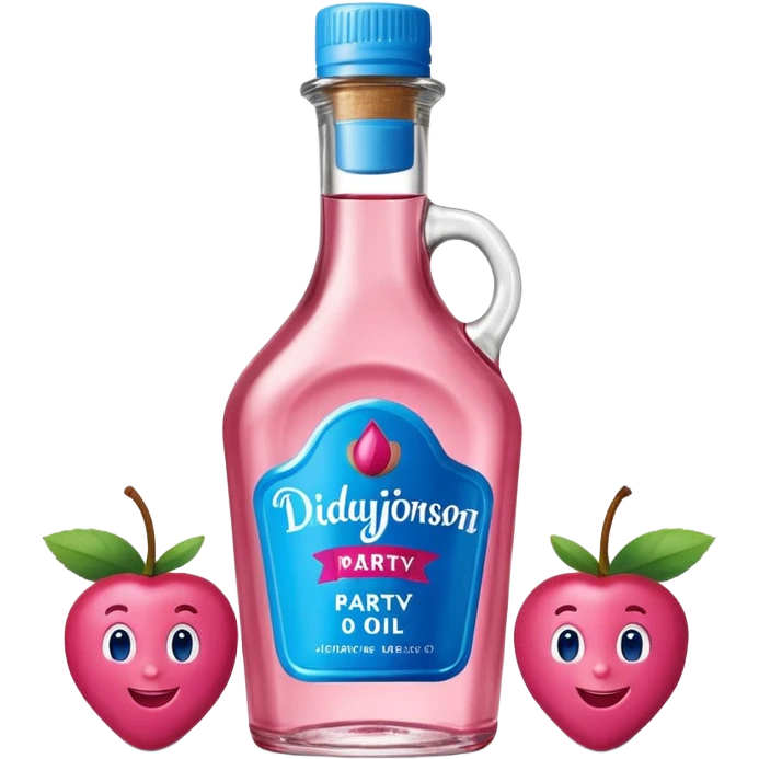 bottle of oil blue top pink outside with logo that says Diddy Party oil Johnson and Johnson  brand with a smiling berry on top emoji