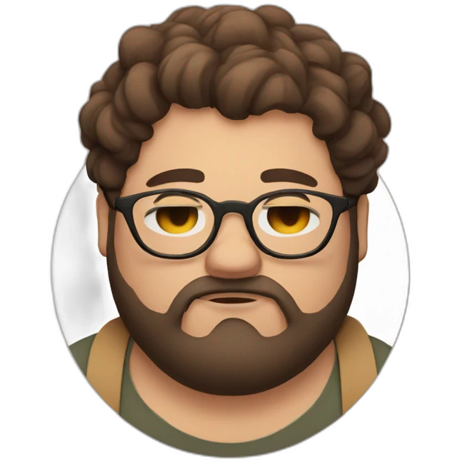 Chubby, non binary, round glasses, attached long brown hair, beard, sleepy emoji
