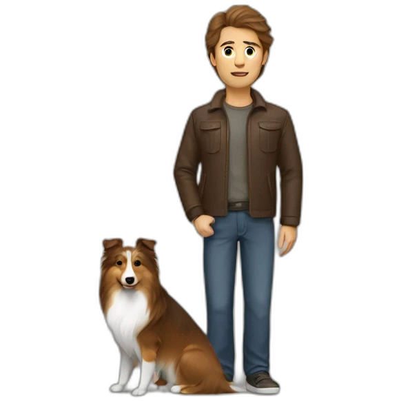 a man with brown hair and a sheltie emoji