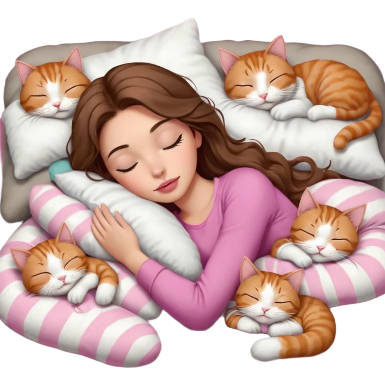 girl with long wavy brown hair, brown eyes, long lashes makeup, sexy pink lips, light to medium complexion,  sleeping on a cozy pillow, with 6 cats: 1 brown and white tabby cat, 1 ginger and white, 2 grey and white, 1 grey with white mittens and small white patch on chest and 1 calico, sleeping emoji