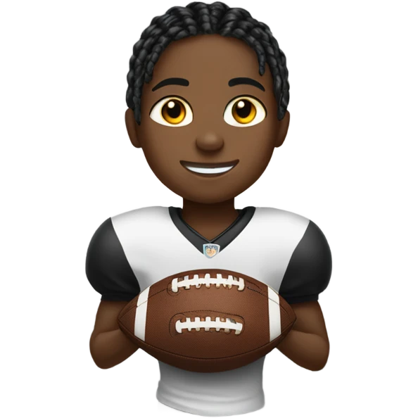 black boy with medium length braids holding a black and white round football  emoji