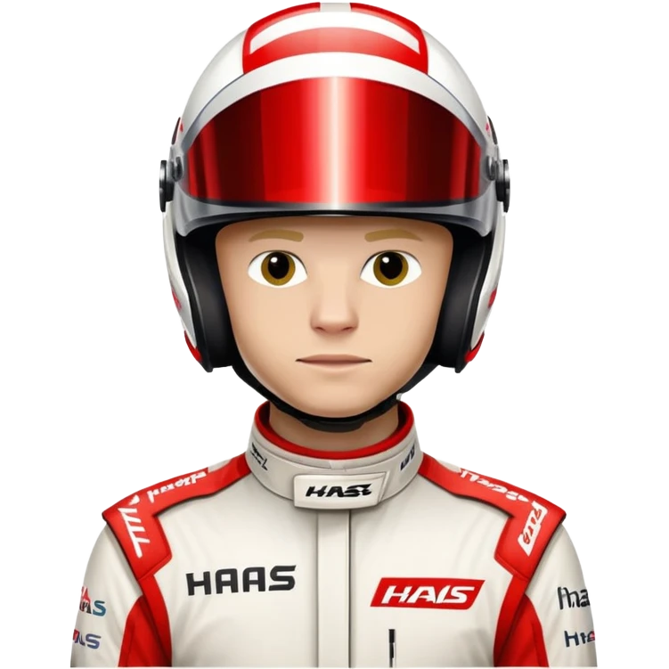 Kevin Magnussen, Formula 1 driver for Haas team, wearing white and red Haas racing suit and helmet emoji