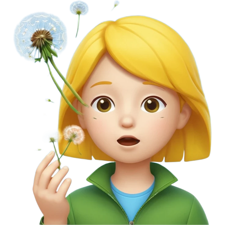 A 3D cartoon child blowing on a dandelion, seeds flying in the air, sunny garden background, realistic Memoji-style. emoji
