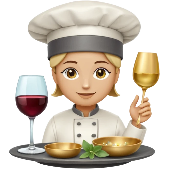 6 luxury catering emojis, 'Epicurea' style: minimalist 3D glassmorphism. Sage, wine, slate colors. Icons: gold chef hat, wine glass, gourmet dish, sparkles, silver tray, 'E' monogram. Clean, professional, transparent BG. emoji