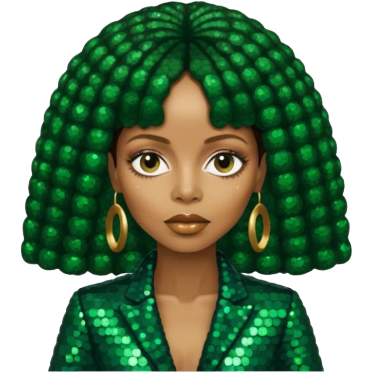 Erykah Badu with dark brown hair, dark green sequin outfit emoji
