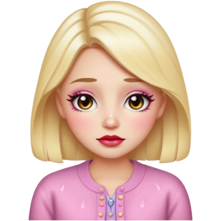 “Emoji girl, dewy skin, heavy blush across cheeks and nose bridge, glossy cherry lips, soft eyeliner, teary sparkling eyes, pastel cardigan.” emoji