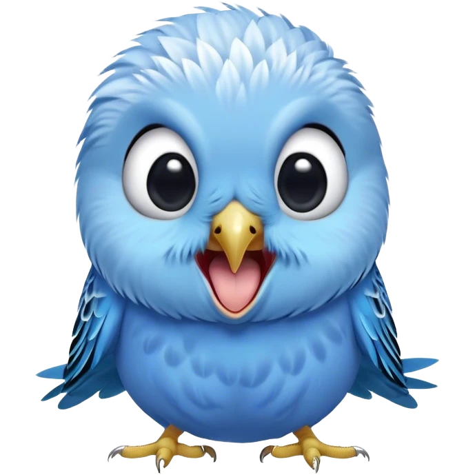 Cinematic Cute Yawning Blue Budgie Portrait Emoji, Head tilted slightly with a dramatic, wide-open yawn, showcasing a soft, downy blue feathered fur with gently drooping wings, round dark eyes barely open in drowsy contentment, Simplified yet irresistibly adorable features, highly detailed, glowing with a soft, cozy glow, high shine, relaxed yet expressive, stylized with a touch of whimsy, bright and endearing, soft glowing outline, capturing the essence of a sleepy yet affectionate budgie, so drowsy it feels like it could stretch out of the screen and curl up for a nap! emoji