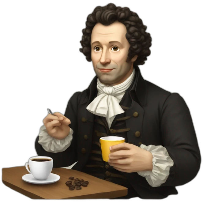 pushkin with a craft cup of coffee in his hands emoji