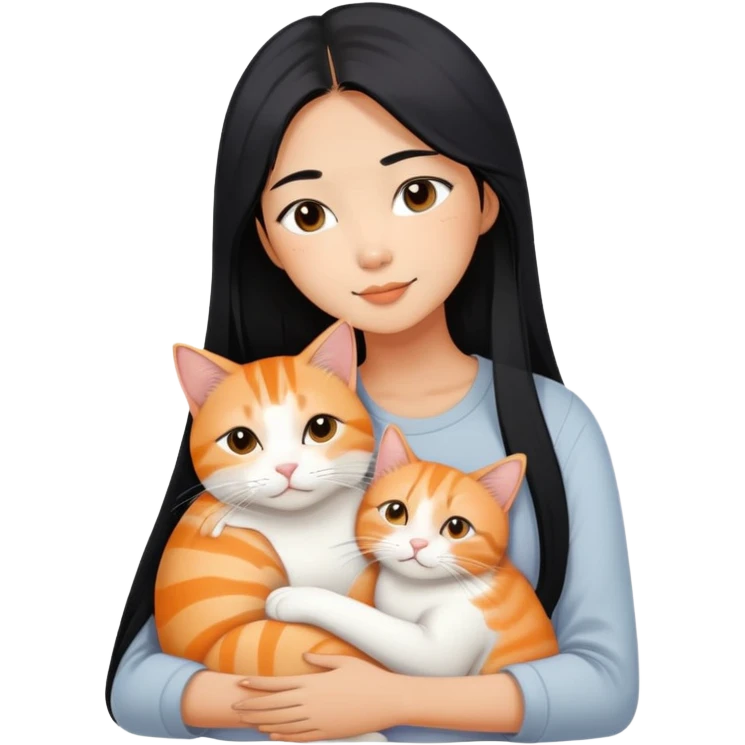 Young Asian woman with long straight black hair cuddling a white and orange tabby cat, gentle embrace, affectionate pose emoji